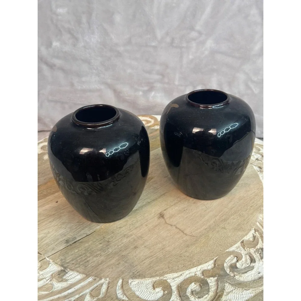 Vintage Black Bird Floral Ceramic Ginger Jars Bud Vases‎ Set of 2 Chinoiserie